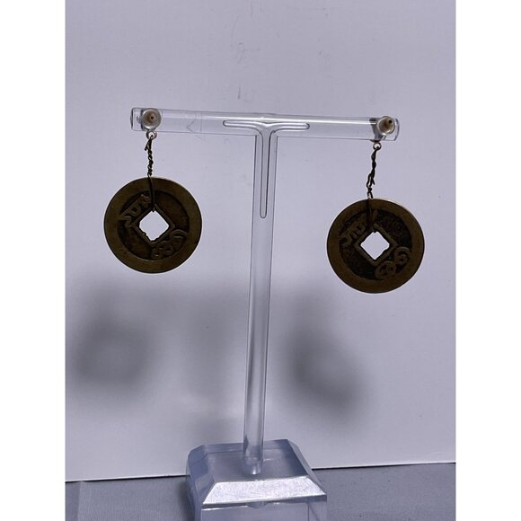 Vintage-Inspired Chinese Coin Dangle Earrings With Brass Finish - Picture 5 of 7